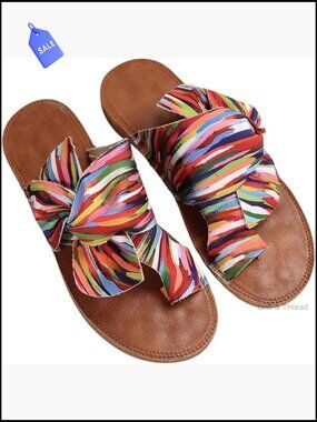 Rainbow Bow Tie Slide Sandals Flat Dressy Beach Thong Open Toe